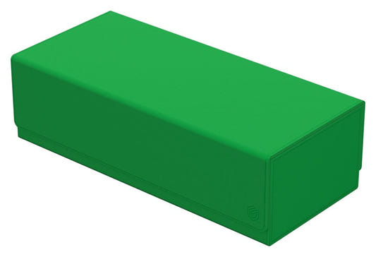 Ultimate Guard Arkhive 1000+ Xenoskin card storage box, green, closed box, front three-quarter view from the left