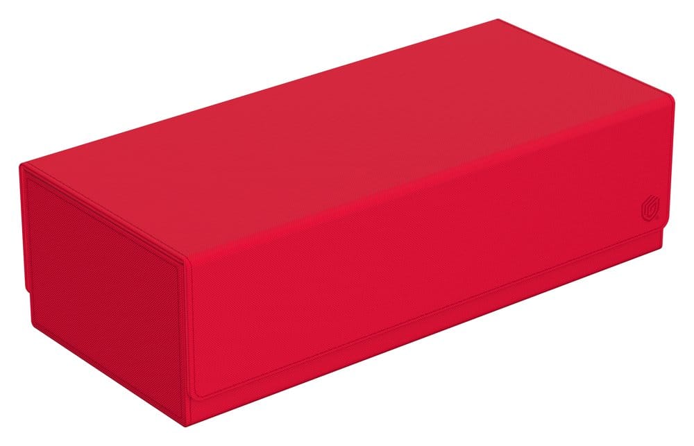 Ultimate Guard Arkhive 1000+ Xenoskin card storage box, red, closed box, front three-quarter view from the right