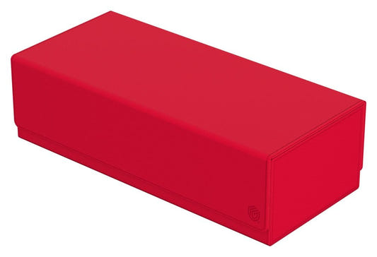 Ultimate Guard Arkhive 1000+ Xenoskin card storage box, red, closed box, front three-quarter view from the left