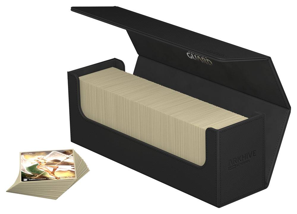 Ultimate Guard Arkhive 400+ Xenoskin card box, black, open and filled with sleeved cards, a stack of cards beside it
