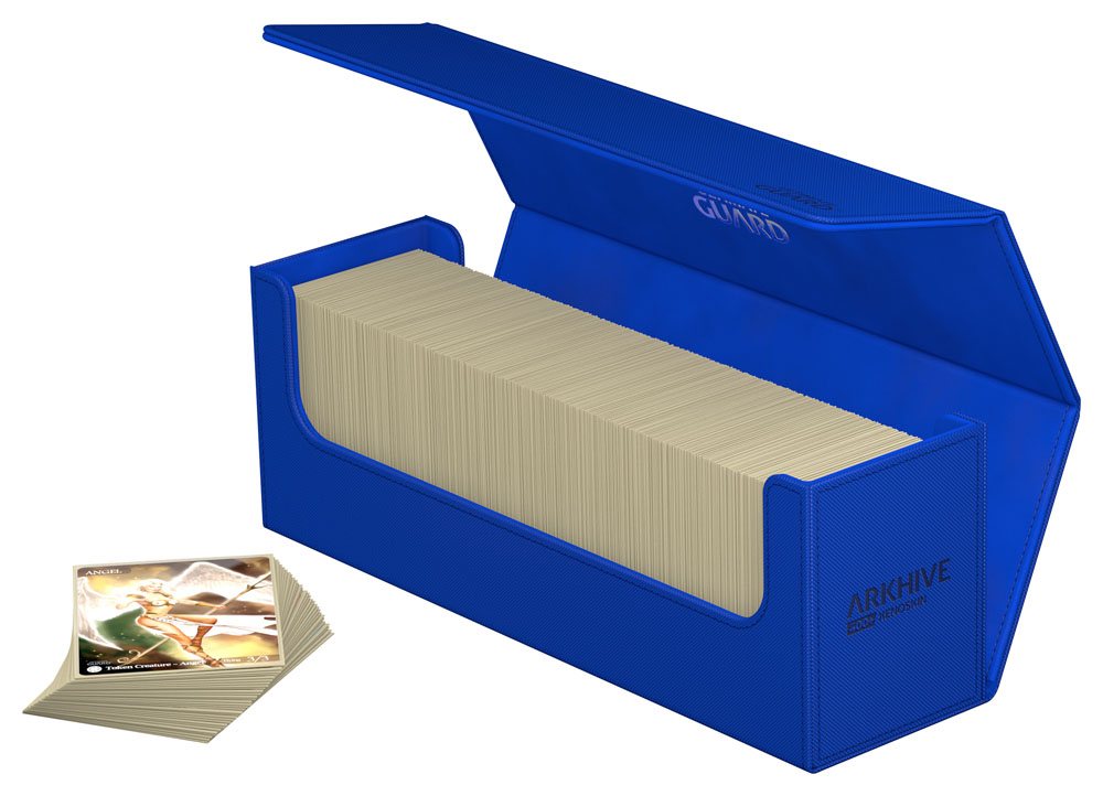 Ultimate Guard Arkhive 400+ Xenoskin card box, blue, open and filled with sleeved cards, a stack of cards beside it