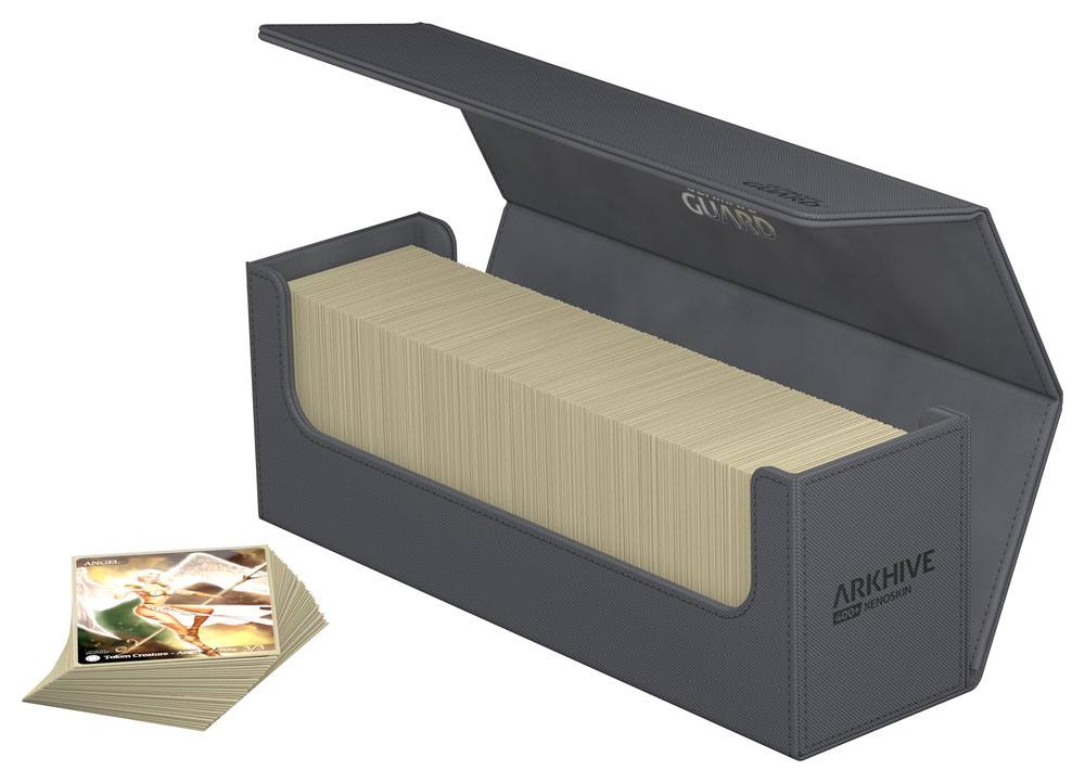 Ultimate Guard Arkhive 400+ Xenoskin card box, grey, open and filled with sleeved cards, a stack of cards beside it