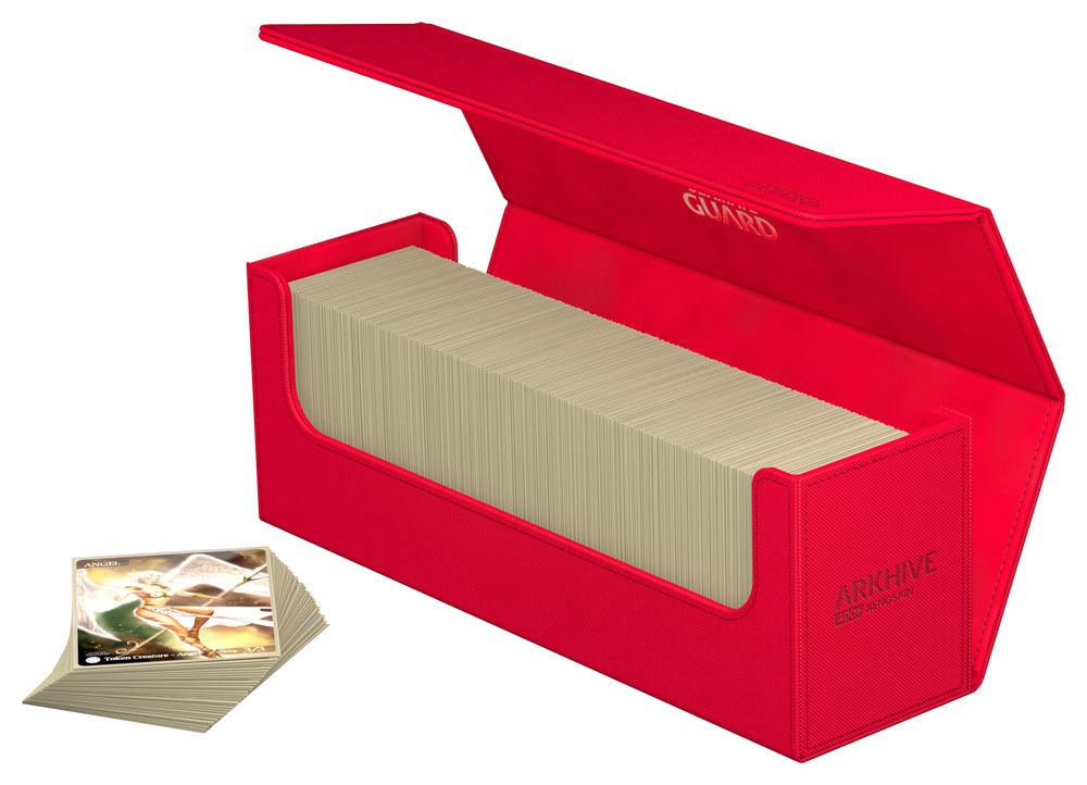 Ultimate Guard Arkhive 400+ Xenoskin card box, red, open and filled with sleeved cards, a stack of cards beside it