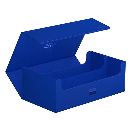 Ultimate Guard Arkhive 800+ Xenoskin card box in blue, lid open showing empty two-row interior