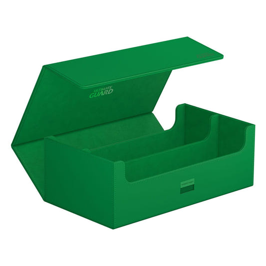 Ultimate Guard Arkhive 800+ Xenoskin card box in green, lid open showing empty two-row interior