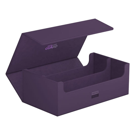 Ultimate Guard Arkhive 800+ Xenoskin card box in purple, lid open showing empty two-row interior