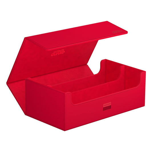 Ultimate Guard Arkhive 800+ Xenoskin card box in red, lid open showing empty two-row interior