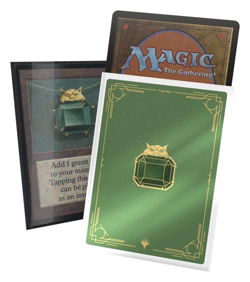 Mox Emerald art sleeve shown with a Magic card