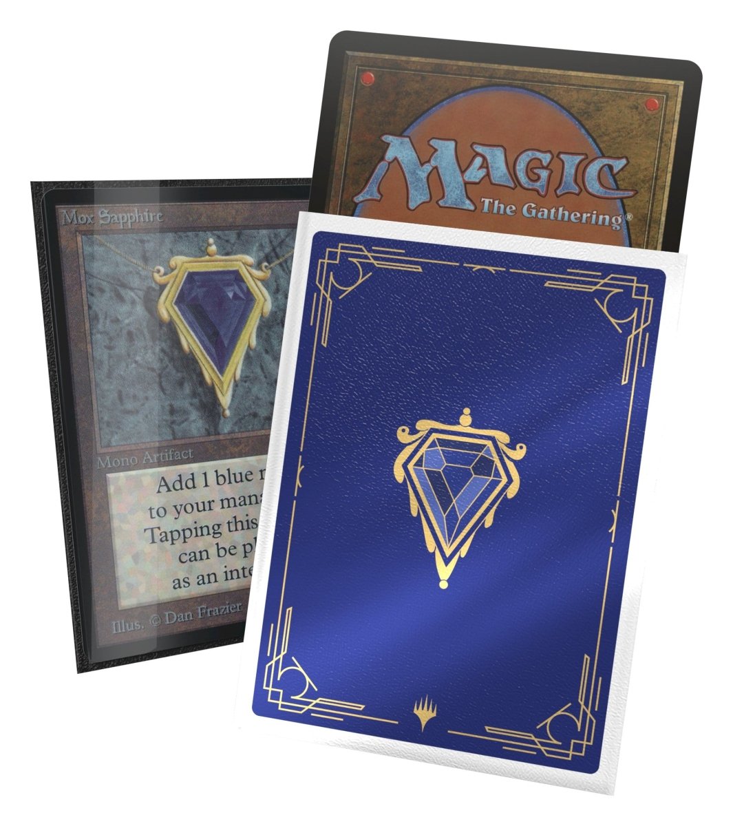 Mox Sapphire art sleeve shown with a Magic card