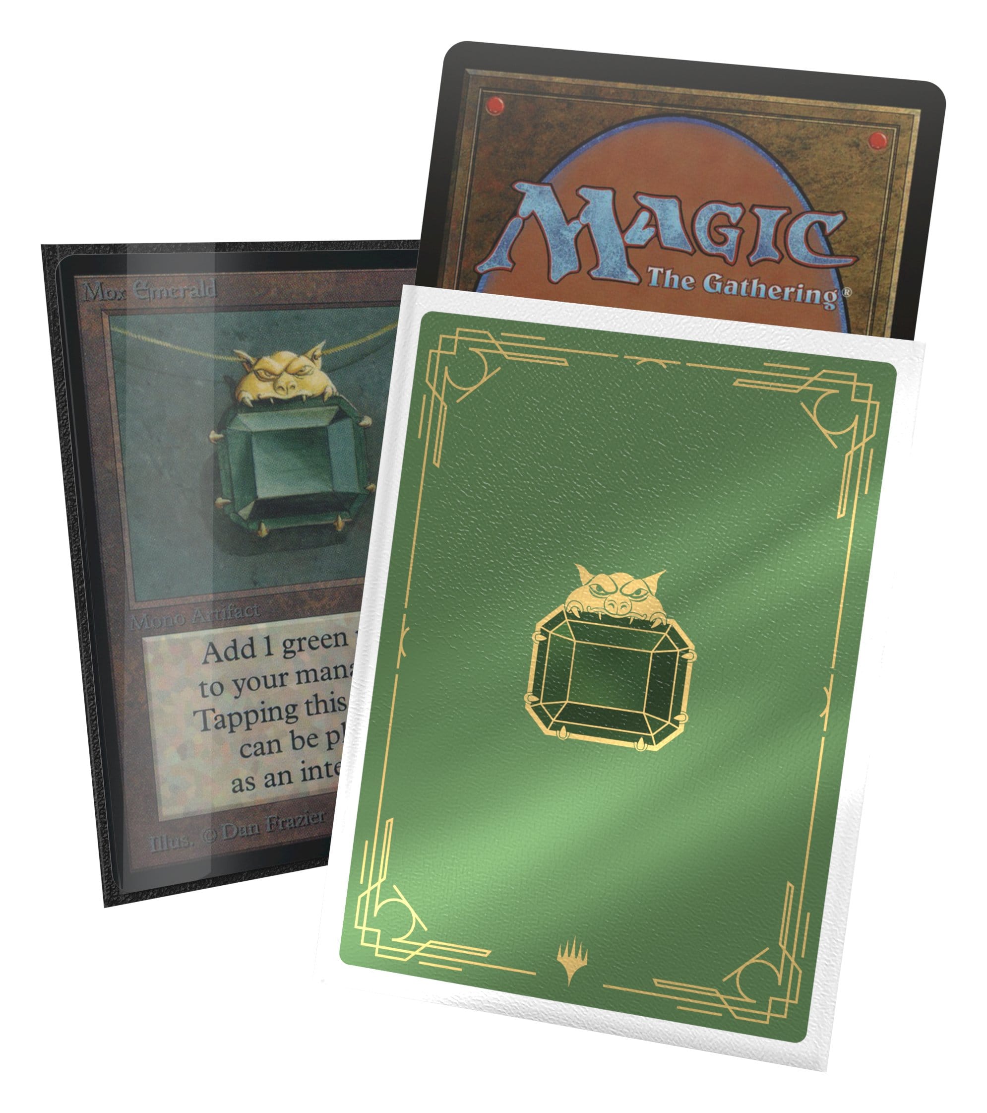 Mox Emerald art sleeve shown with a Magic card