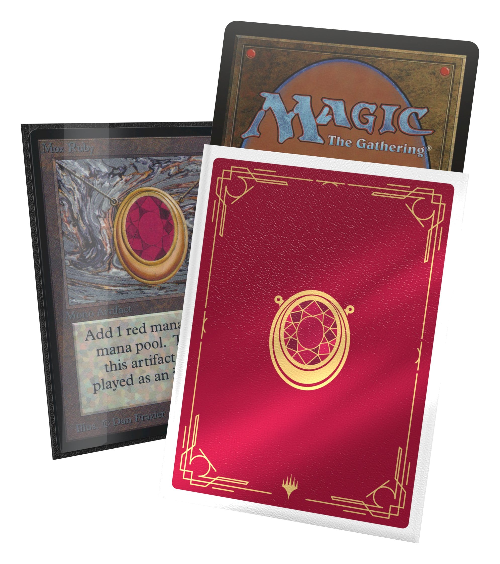 Mox Ruby art sleeve shown with a Magic card