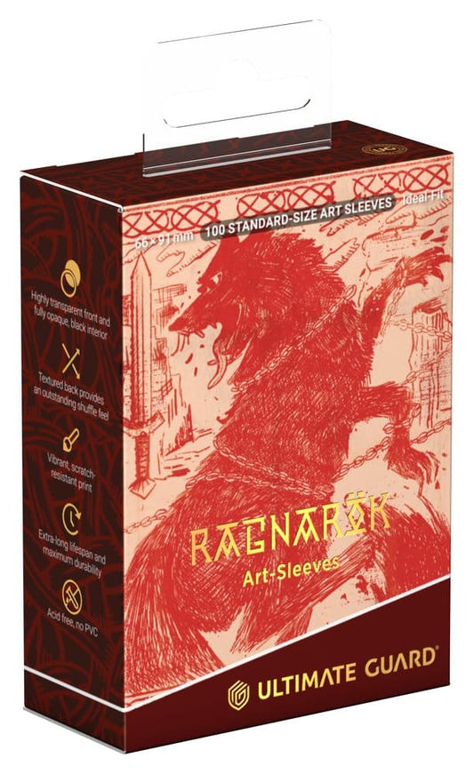 Ultimate Guard Ragnarök Art Sleeves box with red line art of the wolf Fenrir on cream packaging