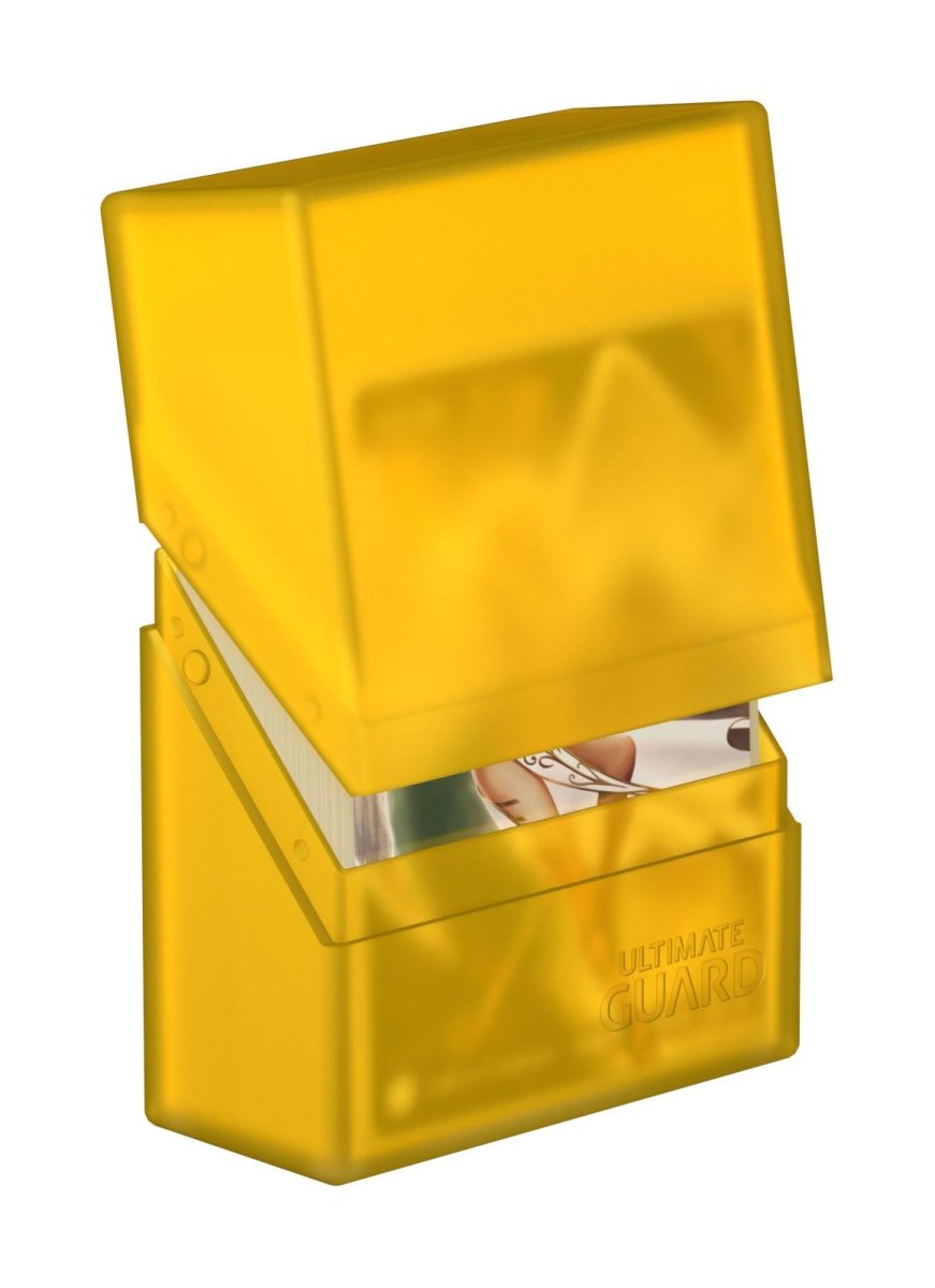 Ultimate Guard Boulder 40+ deck box in amber, lid tilted open showing sleeved cards inside