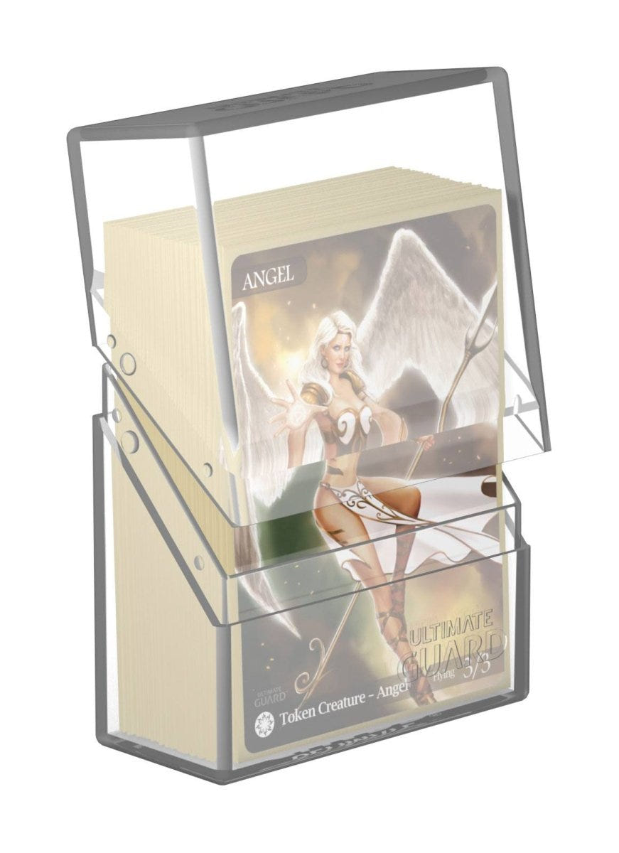 Ultimate Guard Boulder 40+ deck box in clear, lid tilted open showing sleeved cards inside