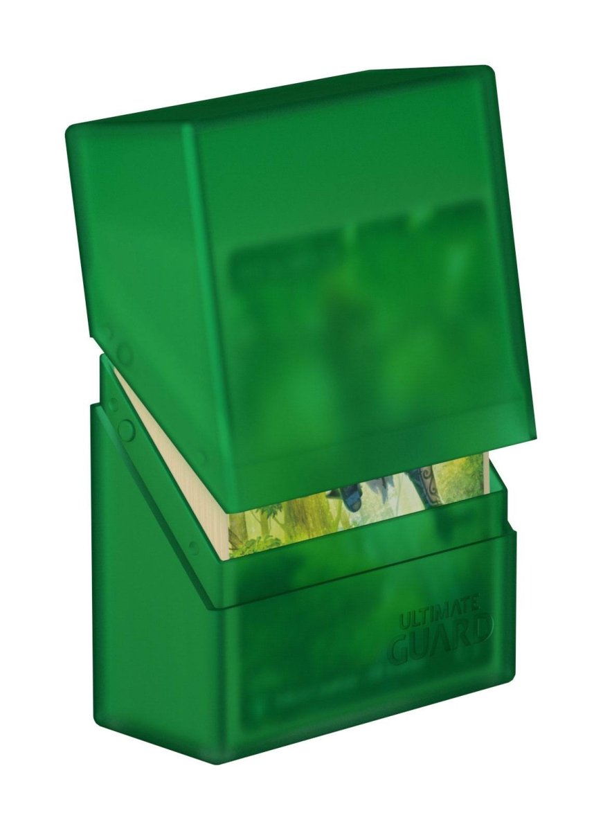 Ultimate Guard Boulder 40+ deck box in emerald, lid tilted open showing sleeved cards inside