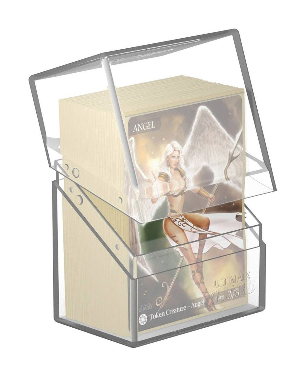 Ultimate Guard Boulder 60+ deck box in clear, lid tilted open showing sleeved cards inside