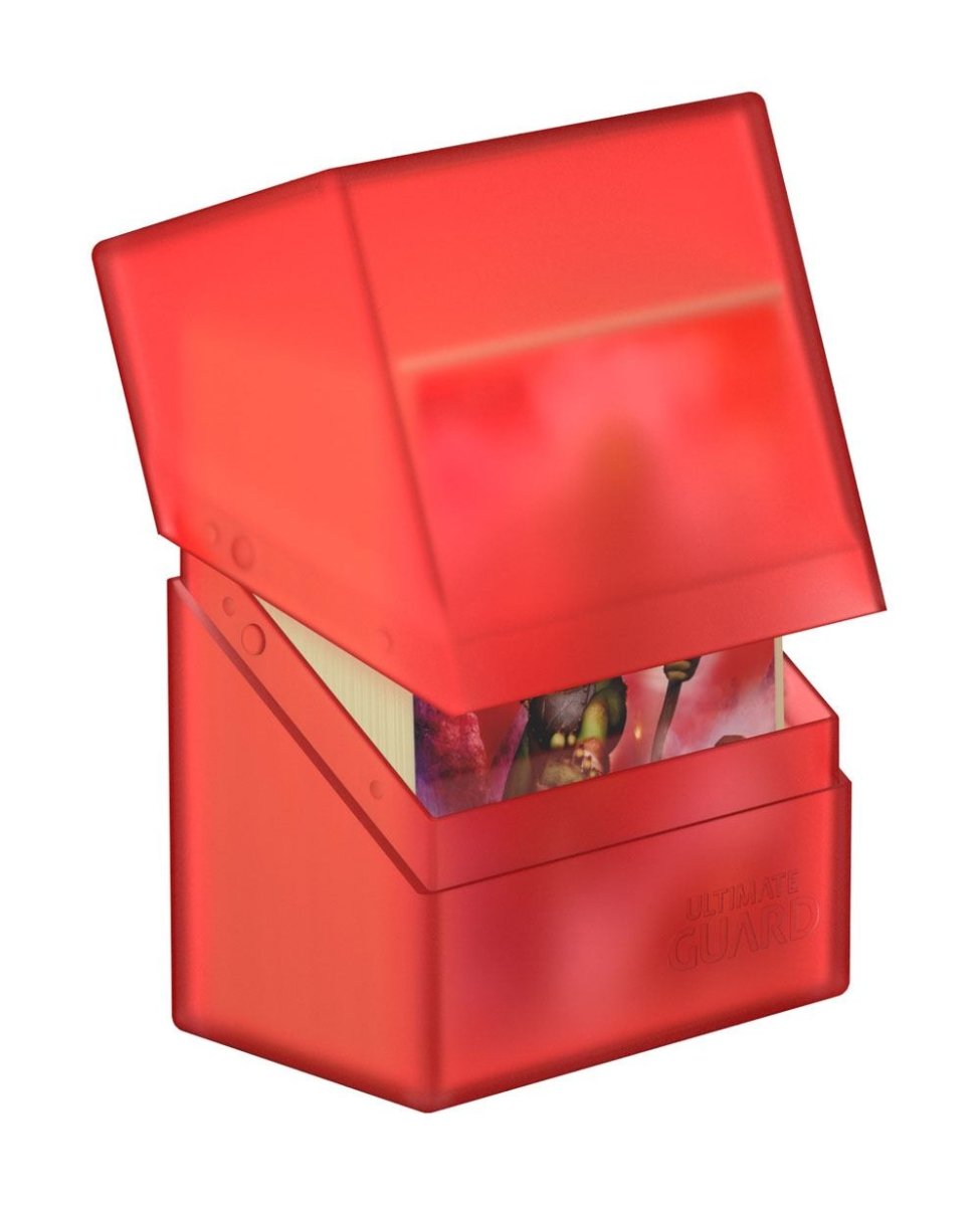 Ultimate Guard Boulder 60+ deck box in ruby, lid tilted open showing sleeved cards inside