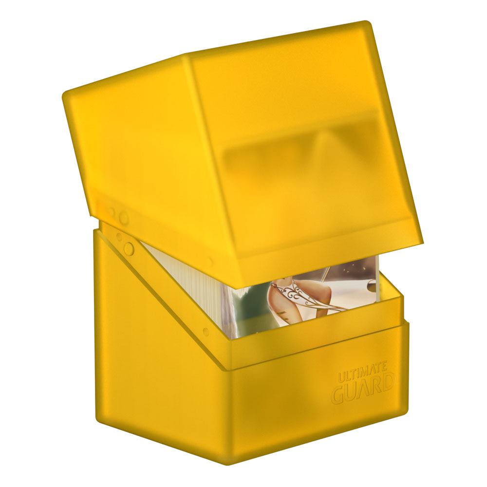Ultimate Guard Boulder 80+ deck box in amber, lid tilted open showing sleeved cards inside