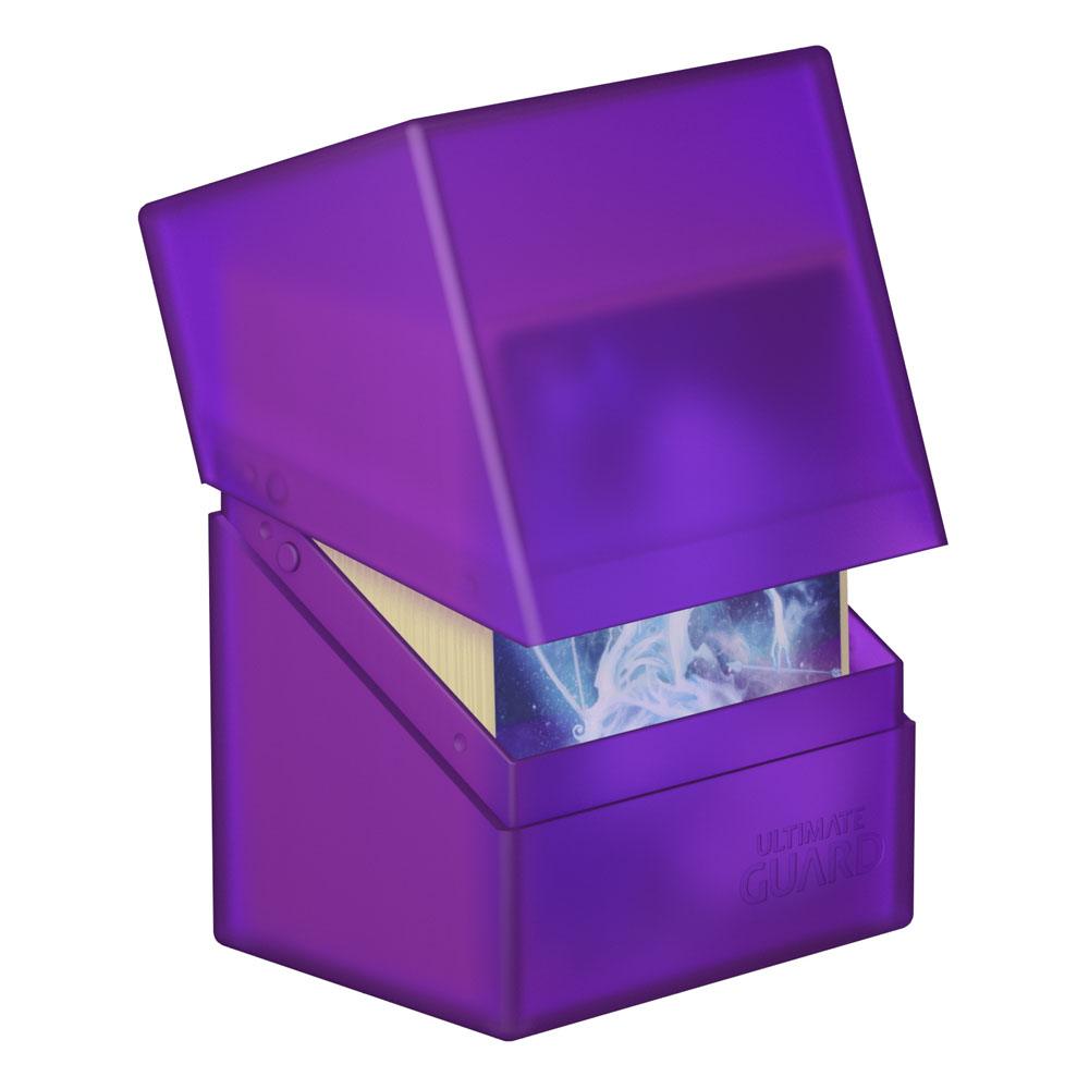 Ultimate Guard Boulder 80+ deck box in amethyst, lid tilted open showing sleeved cards inside