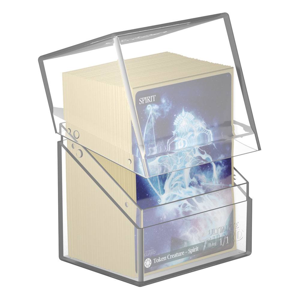 Ultimate Guard Boulder 80+ deck box in clear, lid tilted open showing sleeved cards inside