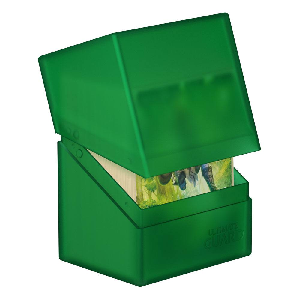 Ultimate Guard Boulder 80+ deck box in emerald, lid tilted open showing sleeved cards inside