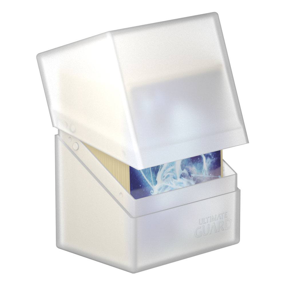 Ultimate Guard Boulder 80+ deck box in frosted, lid tilted open showing sleeved cards inside