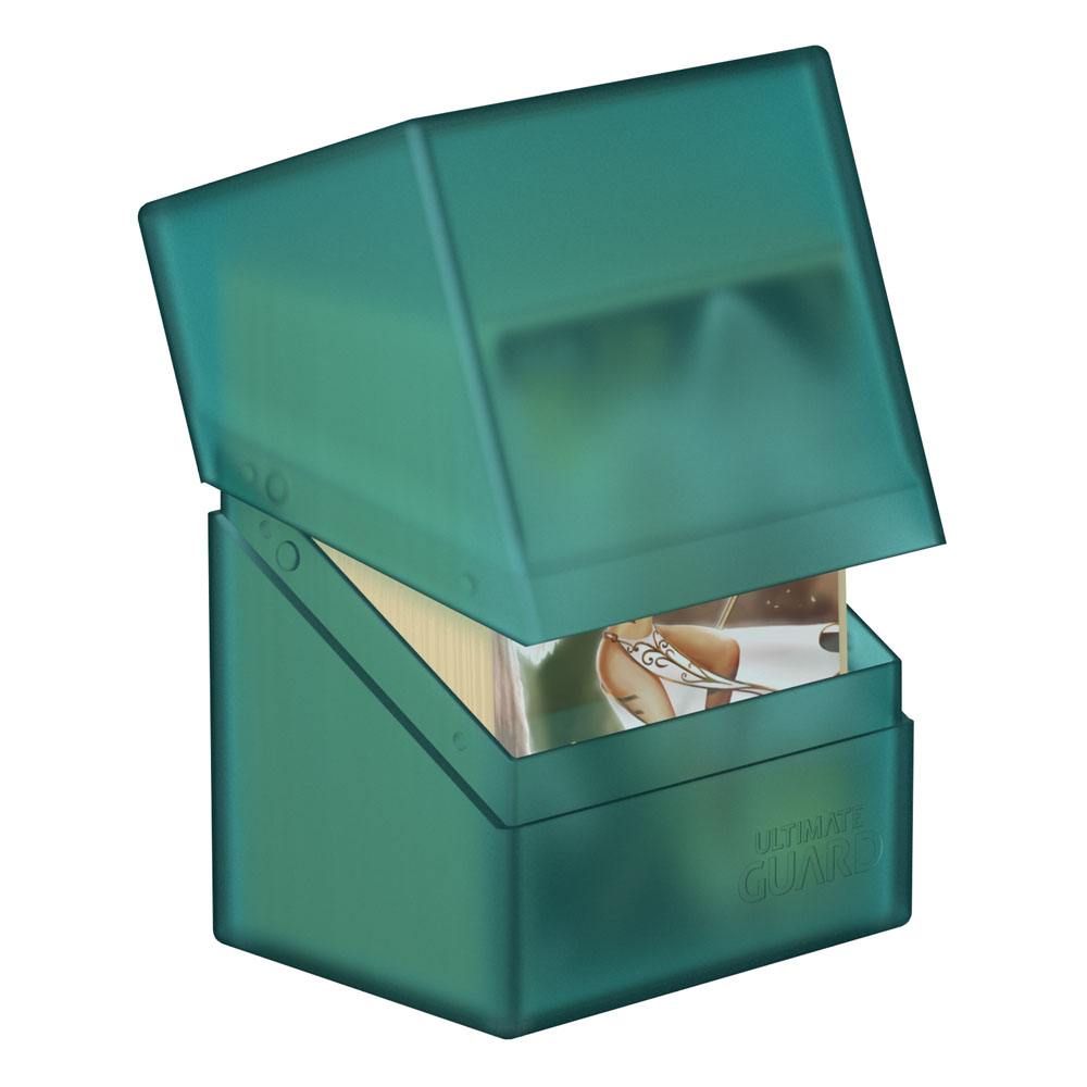 Ultimate Guard Boulder 80+ deck box in malachite, lid tilted open showing sleeved cards inside