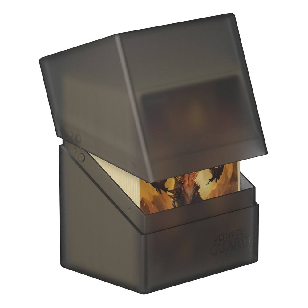 Ultimate Guard Boulder 80+ deck box in onyx, lid tilted open showing sleeved cards inside