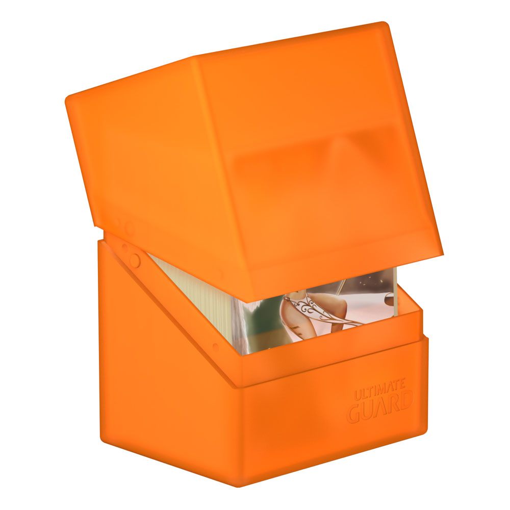 Ultimate Guard Boulder 80+ deck box in Poppy Topaz orange, lid tilted open showing sleeved cards inside