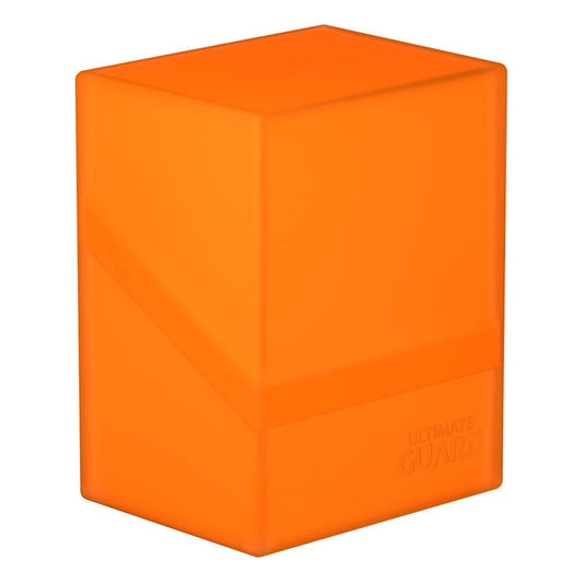 Ultimate Guard Boulder 80+ deck box in Poppy Topaz orange, closed, front three-quarter view