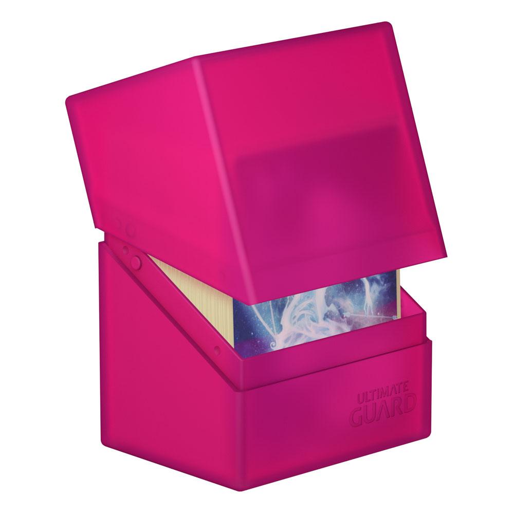 Ultimate Guard Boulder 80+ deck box in rhodonite pink, lid tilted open showing sleeved cards inside