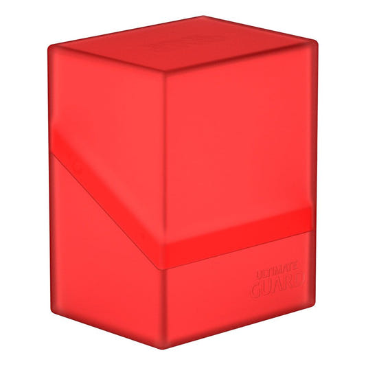 Ultimate Guard Boulder 80+ deck box in ruby, closed, front three-quarter view