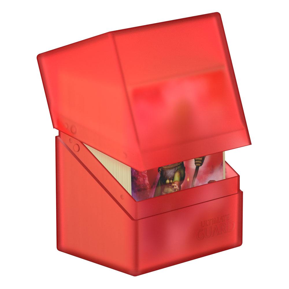 Ultimate Guard Boulder 80+ deck box in ruby, lid tilted open showing sleeved cards inside