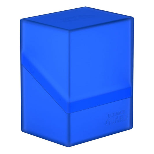 Ultimate Guard Boulder 80+ deck box in sapphire, closed, front three-quarter view