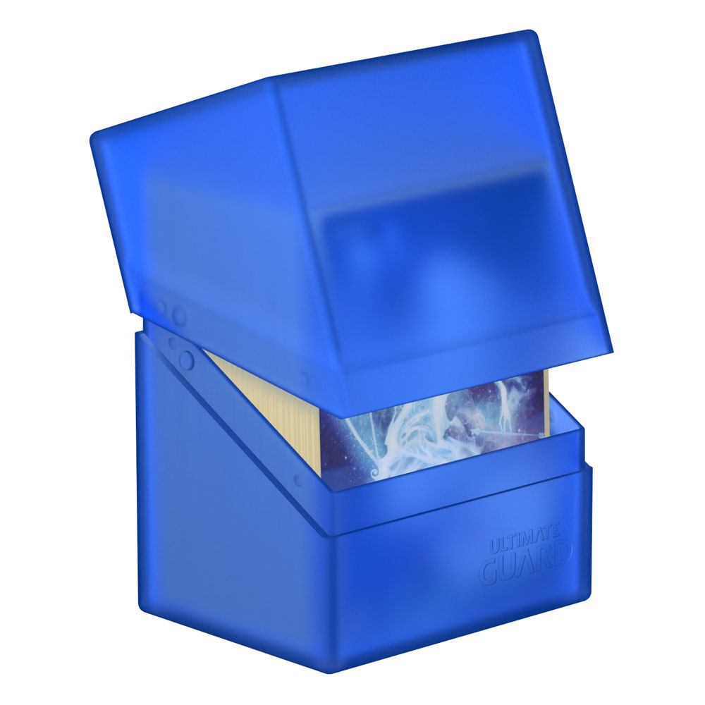 Ultimate Guard Boulder 80+ deck box in sapphire, lid tilted open showing sleeved cards inside