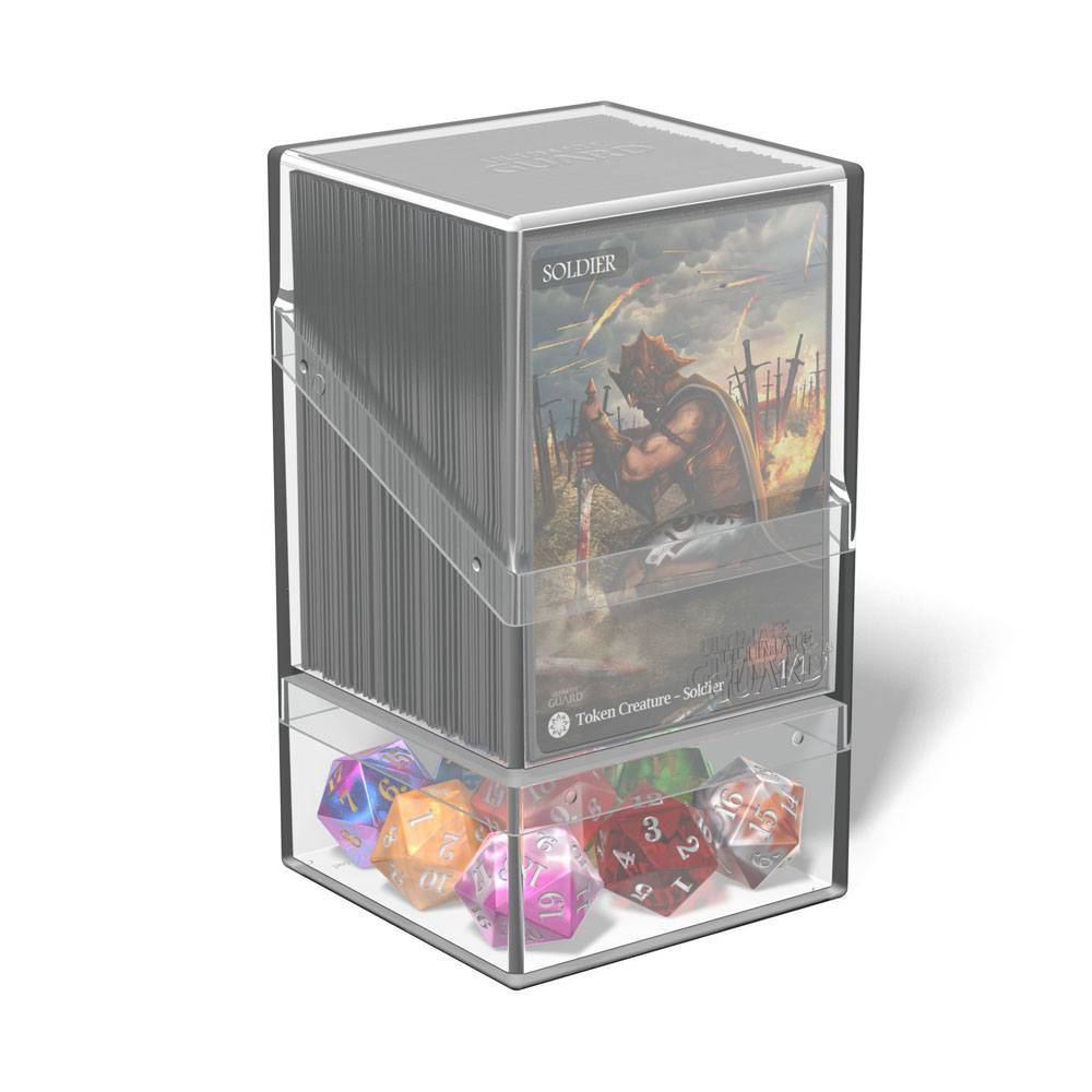 Ultimate Guard Boulder'n'Tray 100+ deck box in clear, closed with cards and dice stored inside