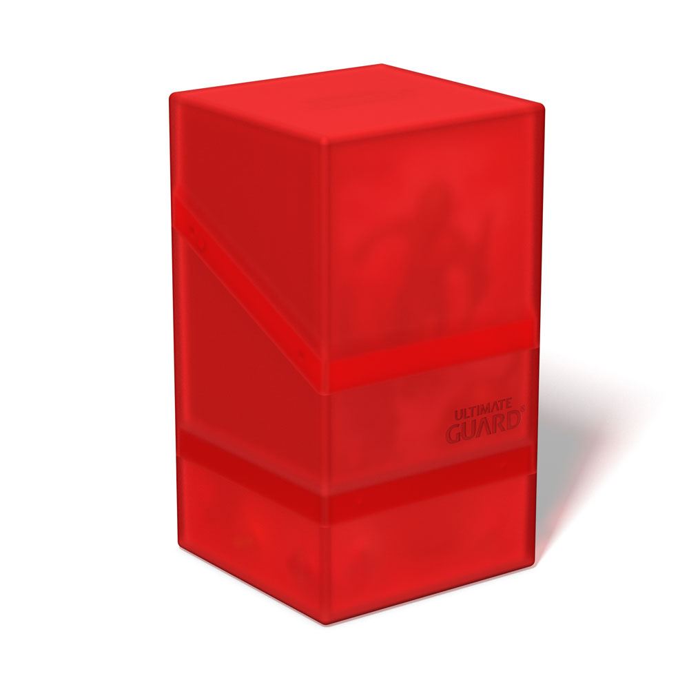 Ultimate Guard Boulder'n'Tray 100+ deck box in ruby, closed with cards and dice stored inside