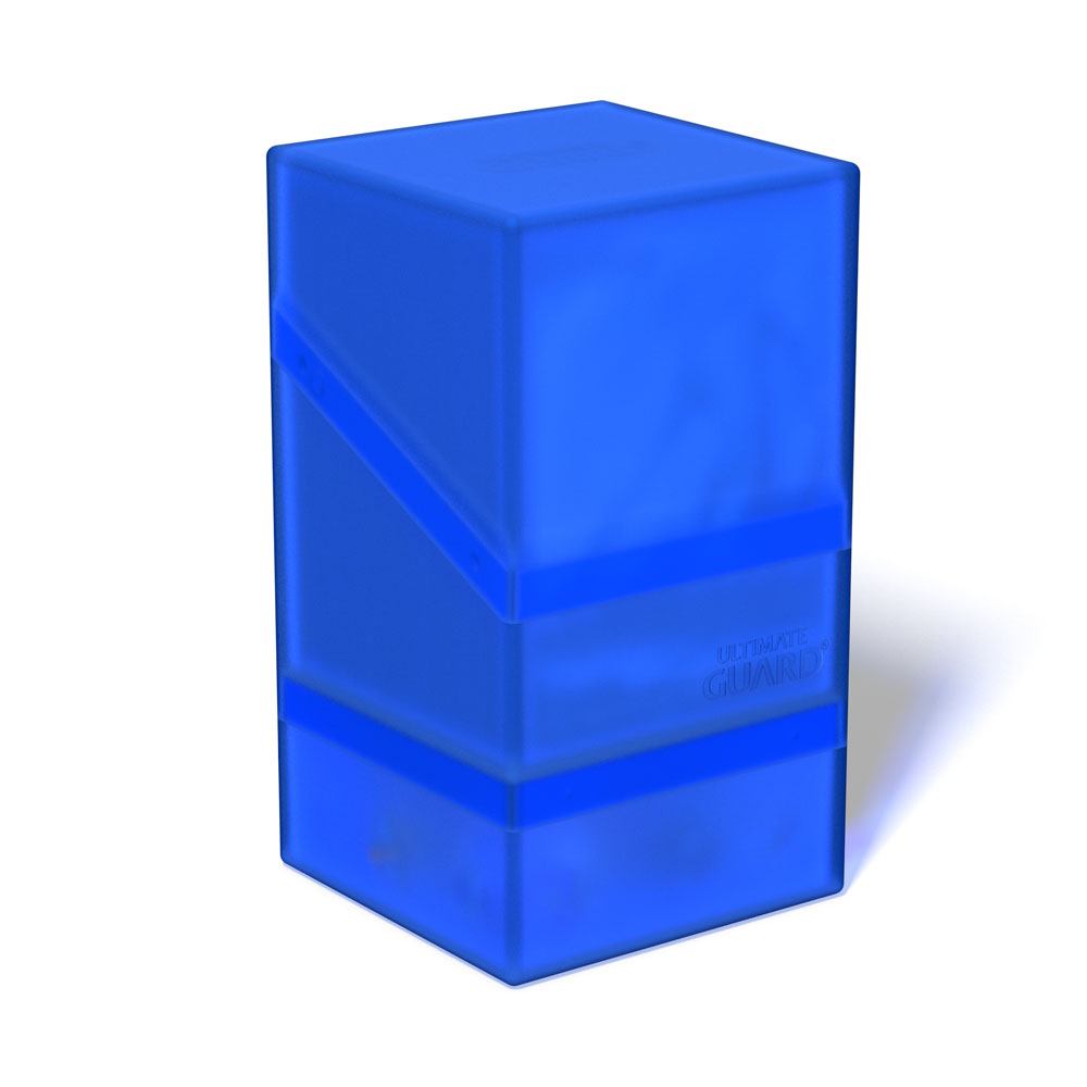 Ultimate Guard Boulder'n'Tray 100+ deck box in sapphire, closed with cards and dice stored inside