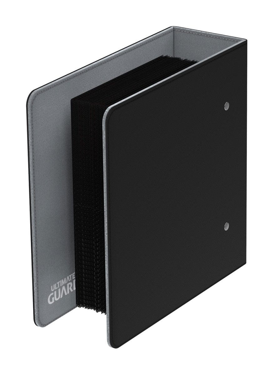 Ultimate Guard Collector's Album Xenoskin Compact black binder, filled with pages, angled view of back cover