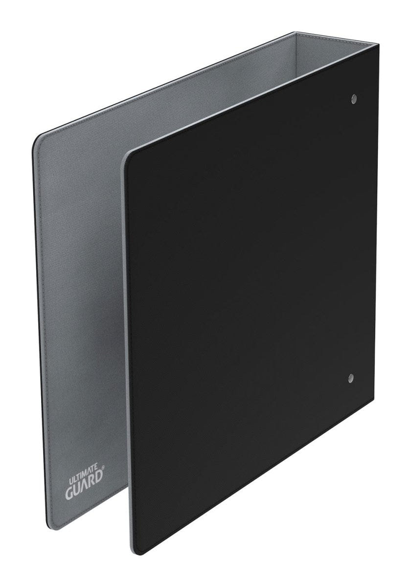 Ultimate Guard Collector's Album Xenoskin QuadRow black ring binder, empty, standing, angled view of back cover
