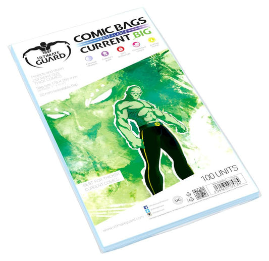 Ultimate Guard Comic Bags Resealable Current Big Size, pack of 100 with green artwork insert, angled view