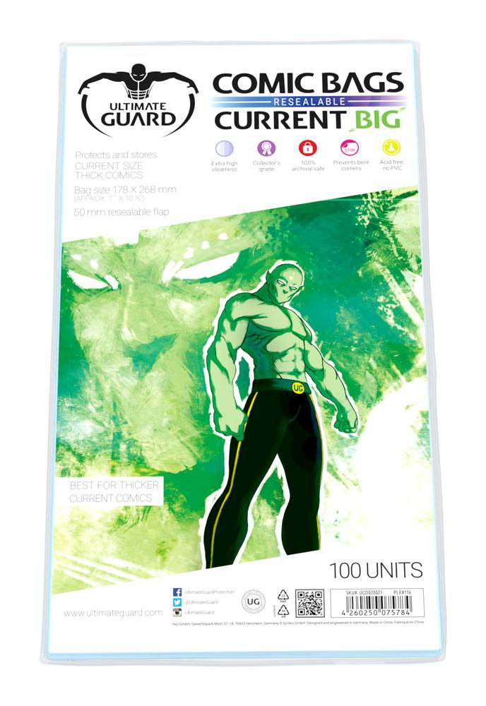 Ultimate Guard Comic Bags Resealable Current Big Size, pack of 100 with green artwork insert, front view