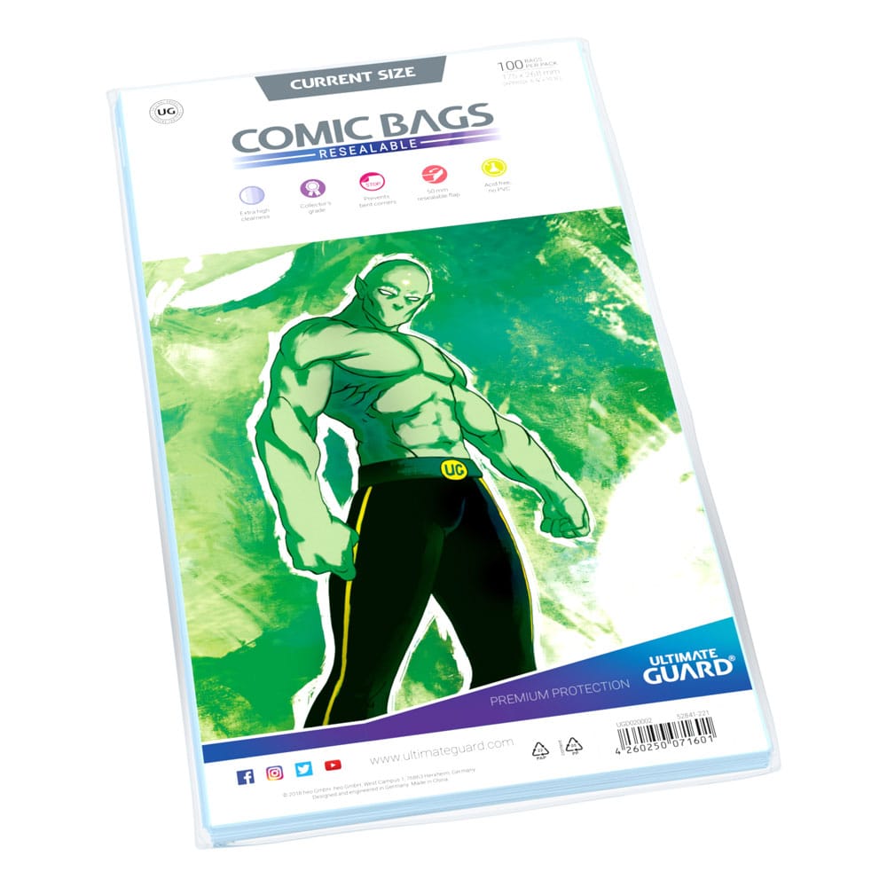 Ultimate Guard Comic Bags Resealable Current Size, pack of 100 with green artwork insert, angled view