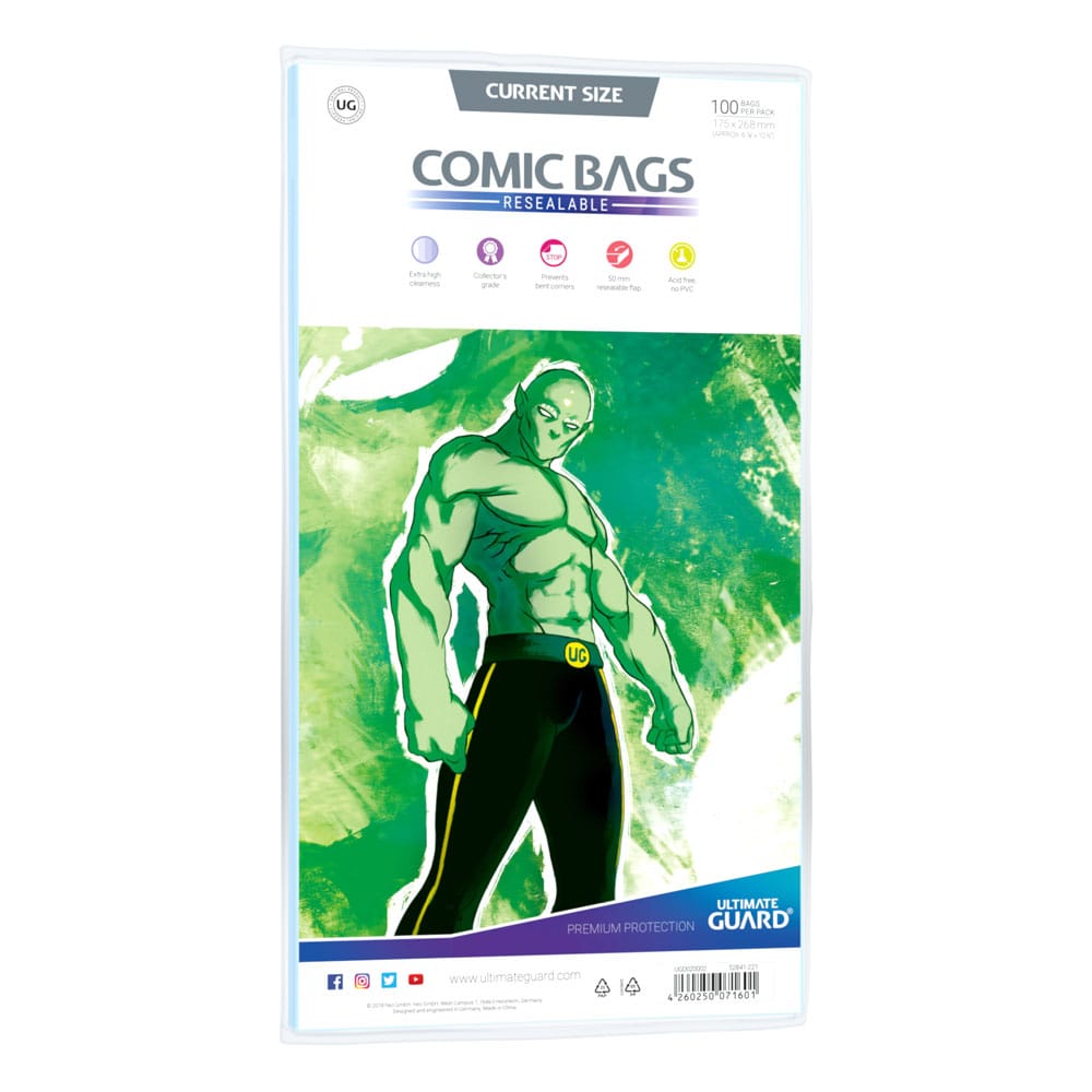 Ultimate Guard Comic Bags Resealable Current Size, pack of 100 with green artwork insert, front view