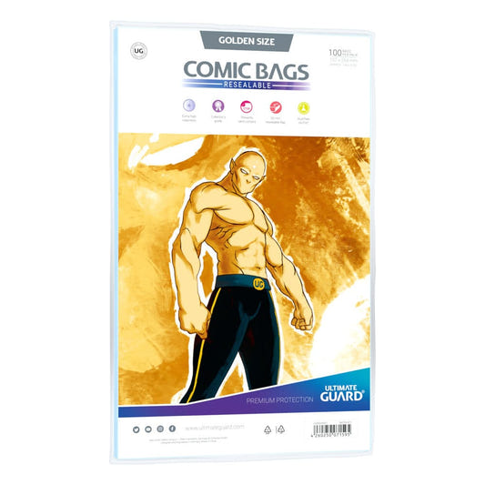 Ultimate Guard Comic Bags Resealable Golden Size, pack of 100 with gold artwork insert, front view