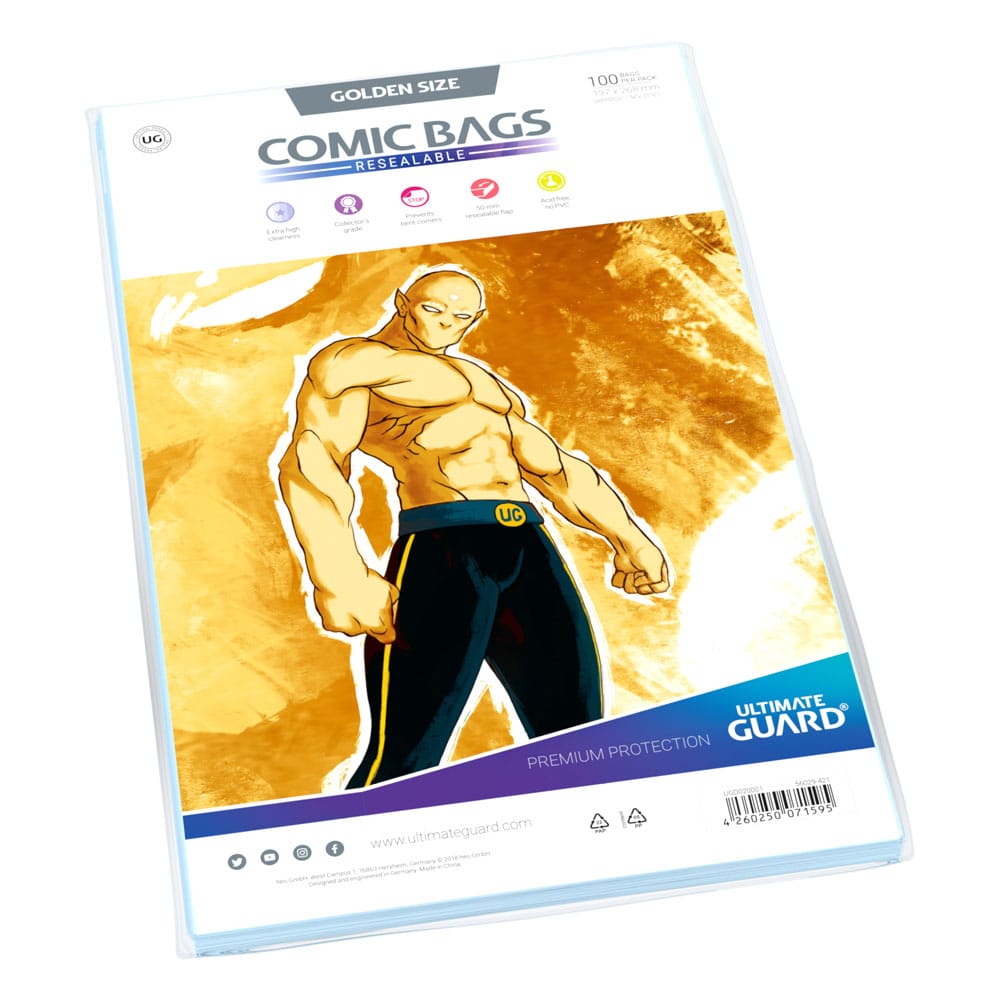 Ultimate Guard Comic Bags Resealable Golden Size, pack of 100 with gold artwork insert, angled view