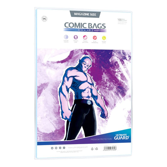 Ultimate Guard Comic Bags Resealable Magazine Size, pack of 100 with purple artwork insert, front view