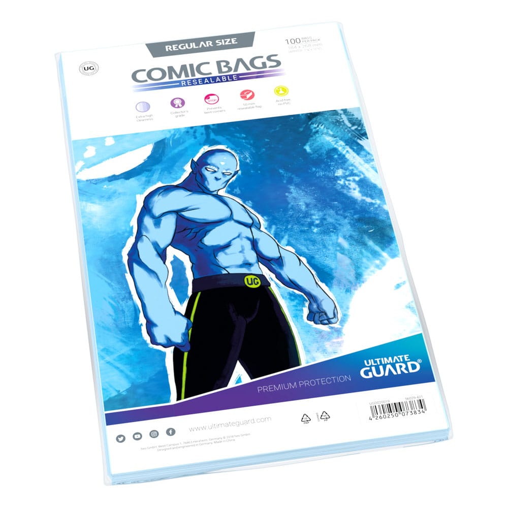 Ultimate Guard Comic Bags Resealable Regular Size, pack of 100 with blue artwork insert, angled view