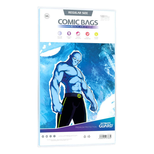 Ultimate Guard Comic Bags Resealable Regular Size, pack of 100 with blue artwork insert, front view