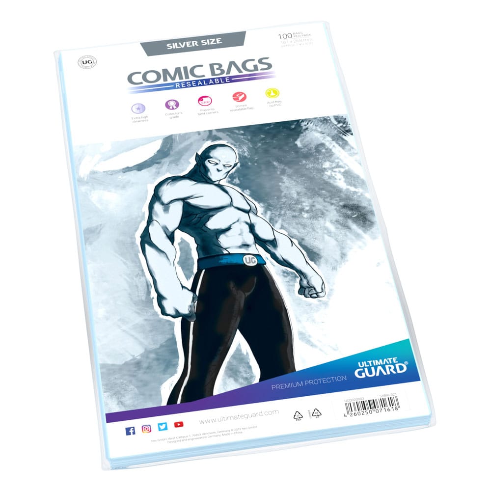 Ultimate Guard Comic Bags Resealable Silver Size, pack of 100 with grey artwork insert, angled view